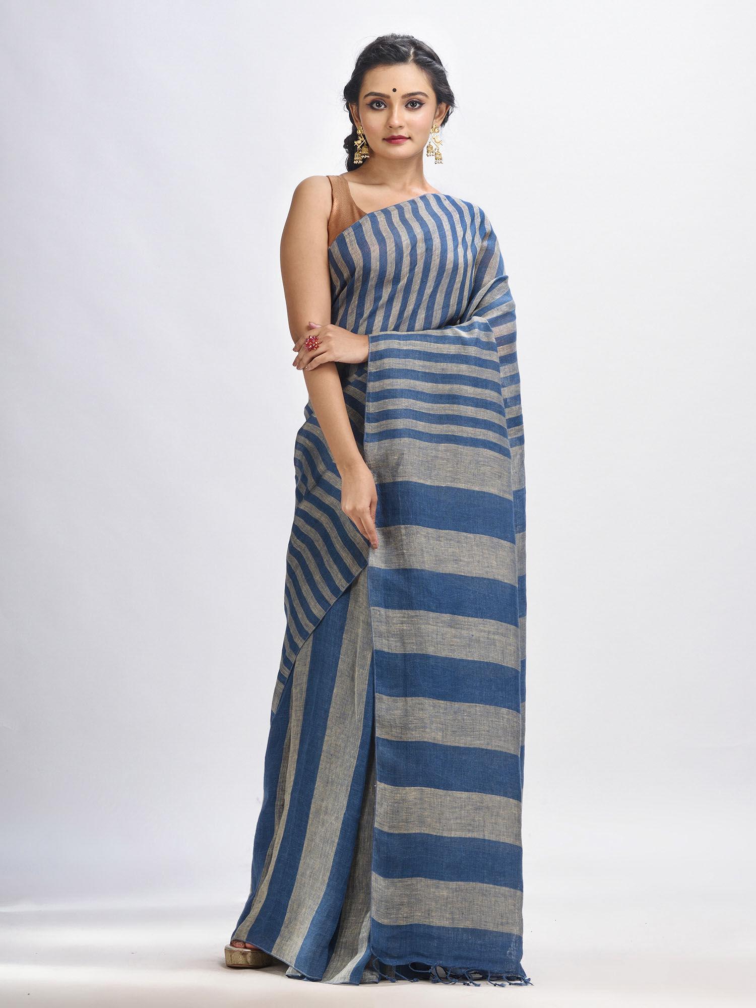 navy blue & muga stripes hand woven linen handloom saree with unstitched blouse