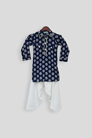 navy blue & off white printed kurta set for boys