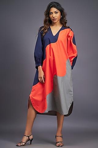 navy blue & orange cotton oversized midi dress