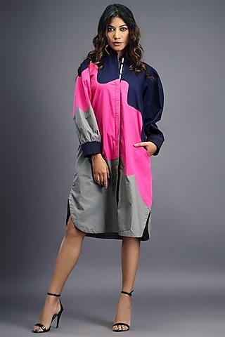 navy blue & pink cotton shirt dress