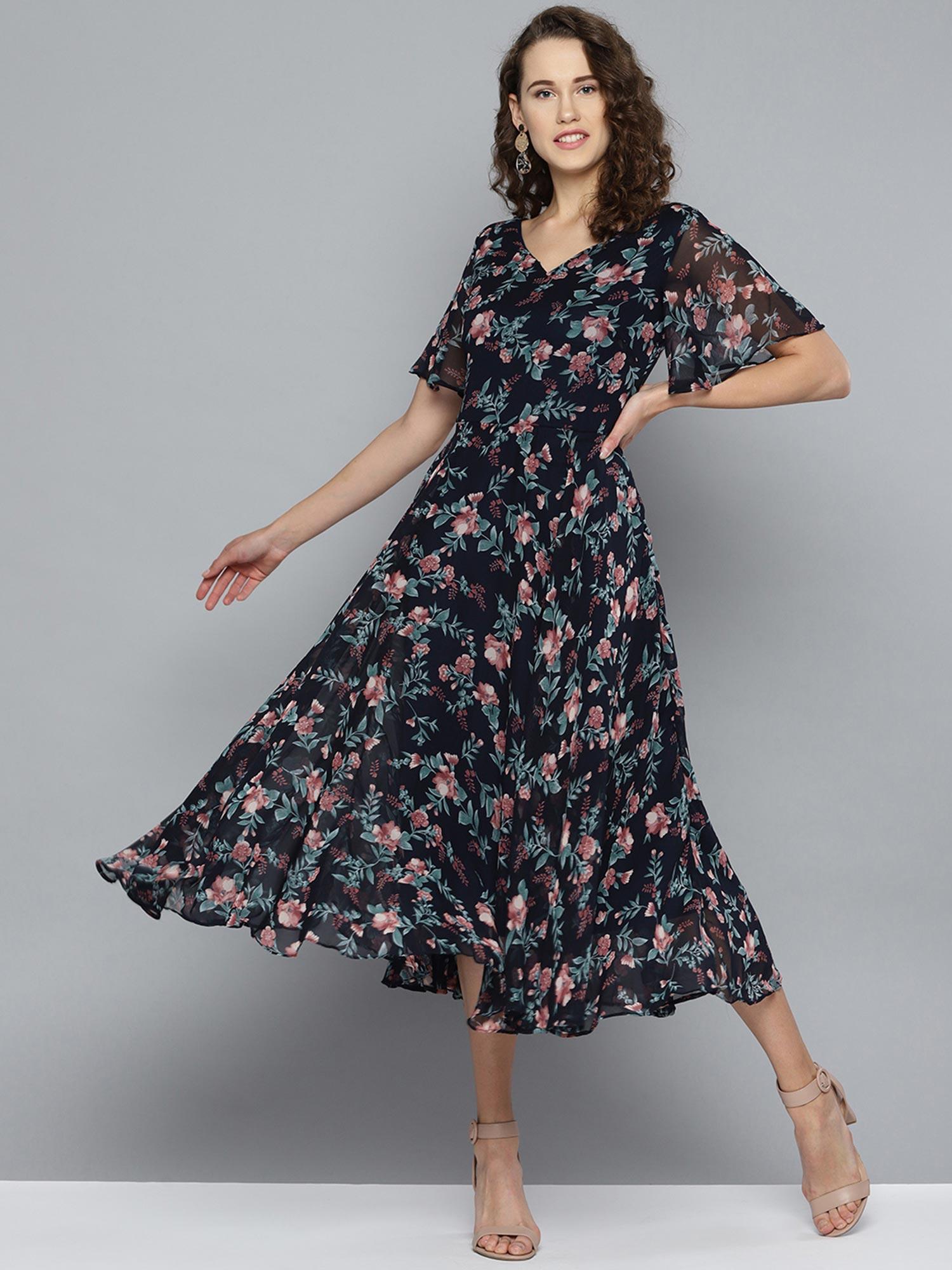 navy blue & pink floral printed fit and flare dress