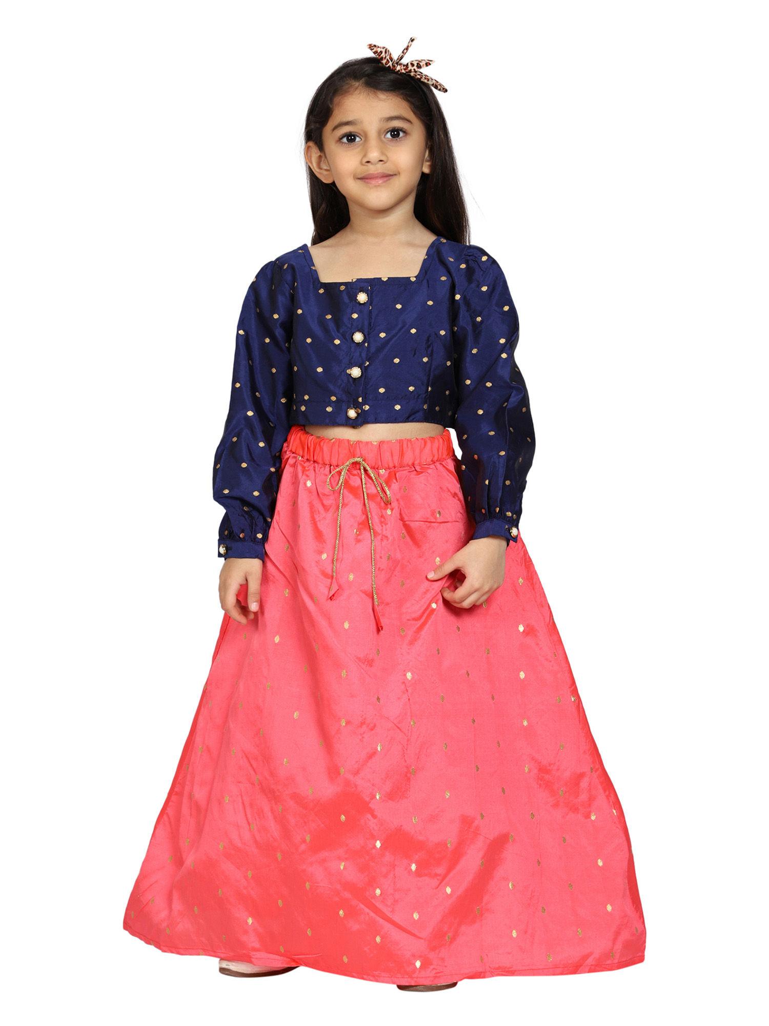 navy blue & pink girls ethnic ghagra choli (set of 2) (12-14 years)