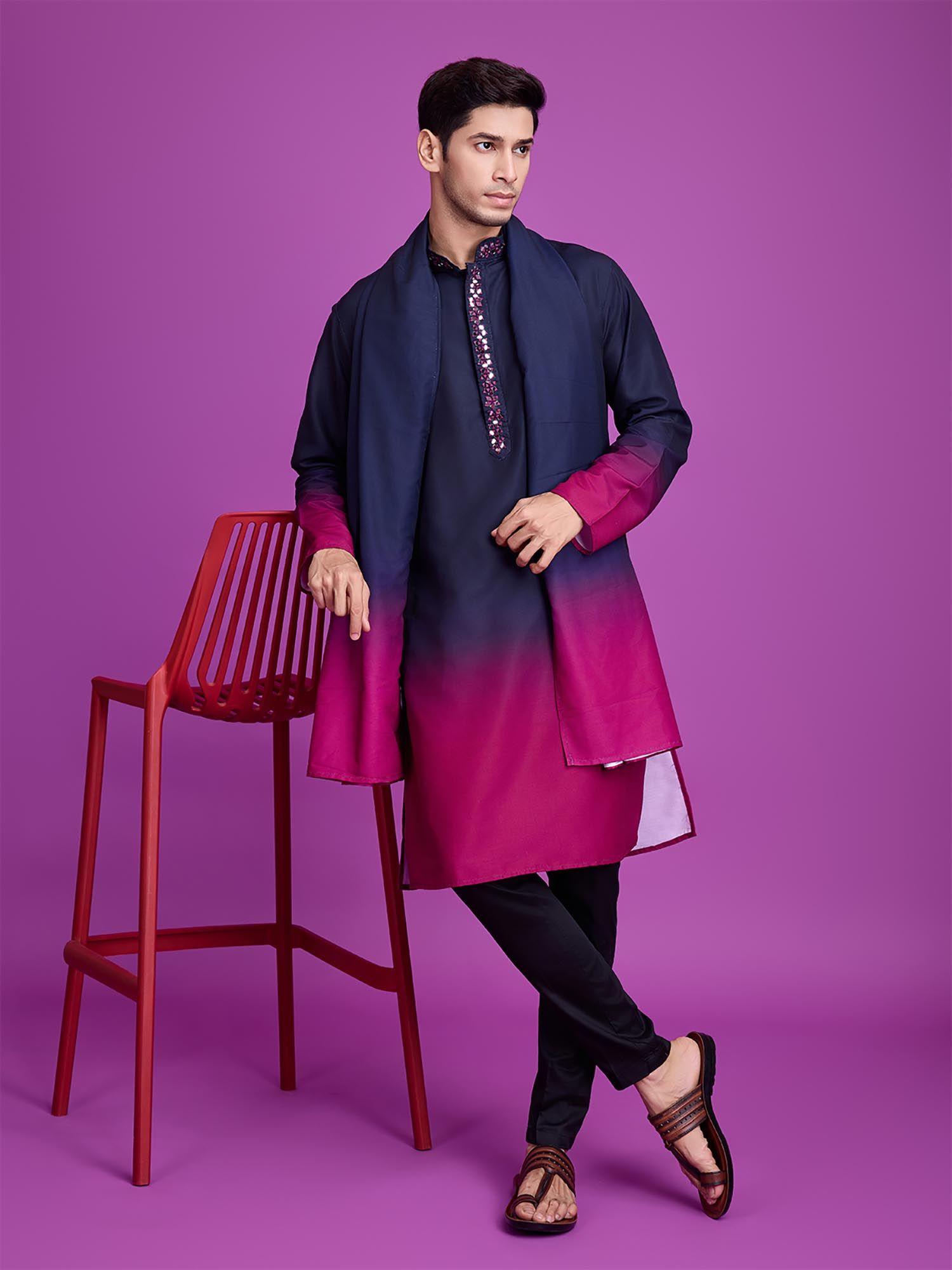 navy blue & pink ombre rayon kurta & dupatta (set of 2)