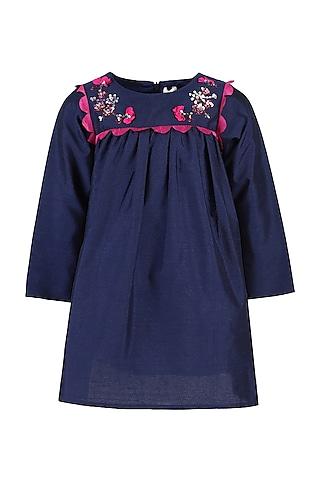 navy blue & pink taffeta embroidered dress for girls