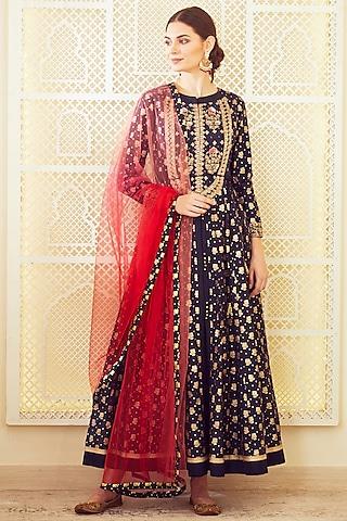 navy blue & red thread embroidered anarkali set