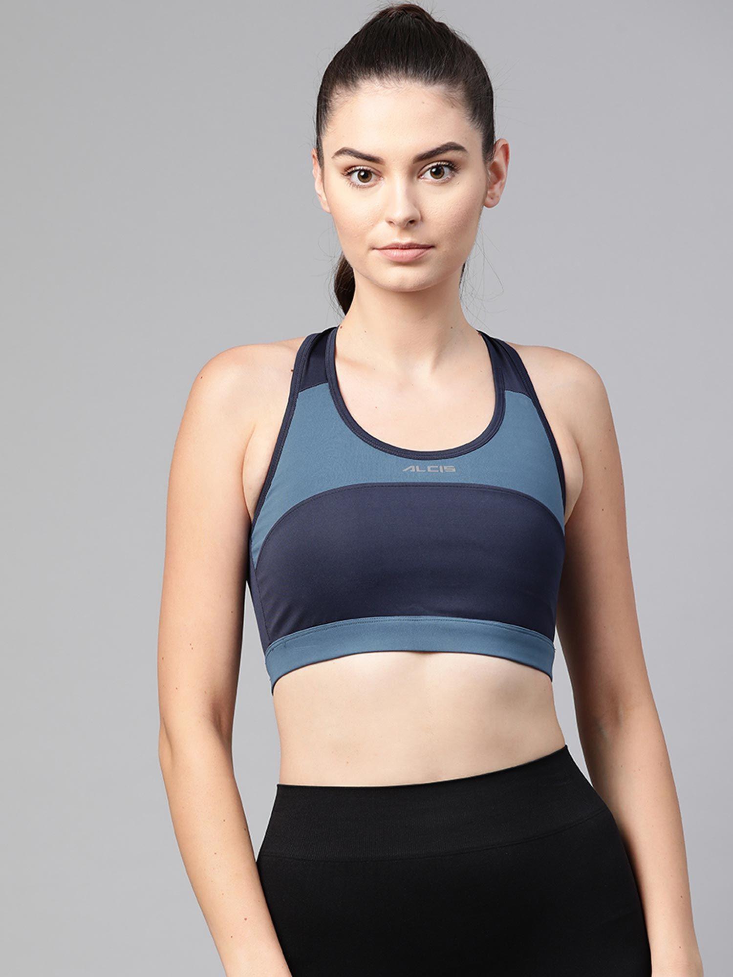 navy blue & teal blue colourblocked non-wired removable padding workout bra