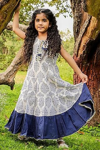 navy blue & white printed gown for girls