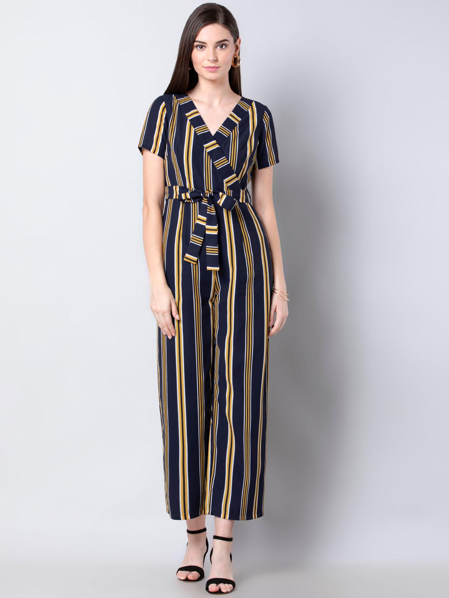 navy blue & yellow striped wrap jumpsuit