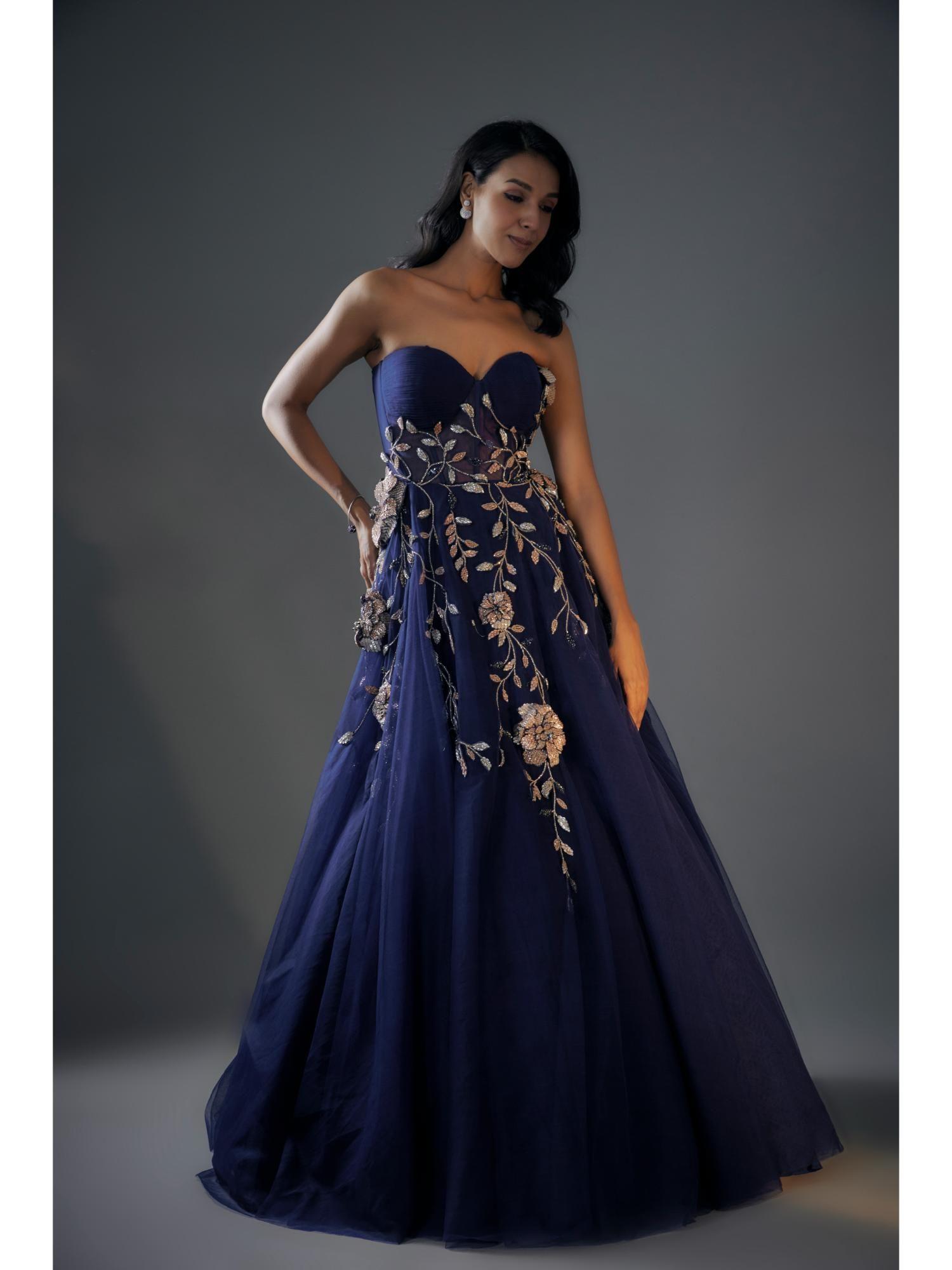 navy blue 3d embroidered gown