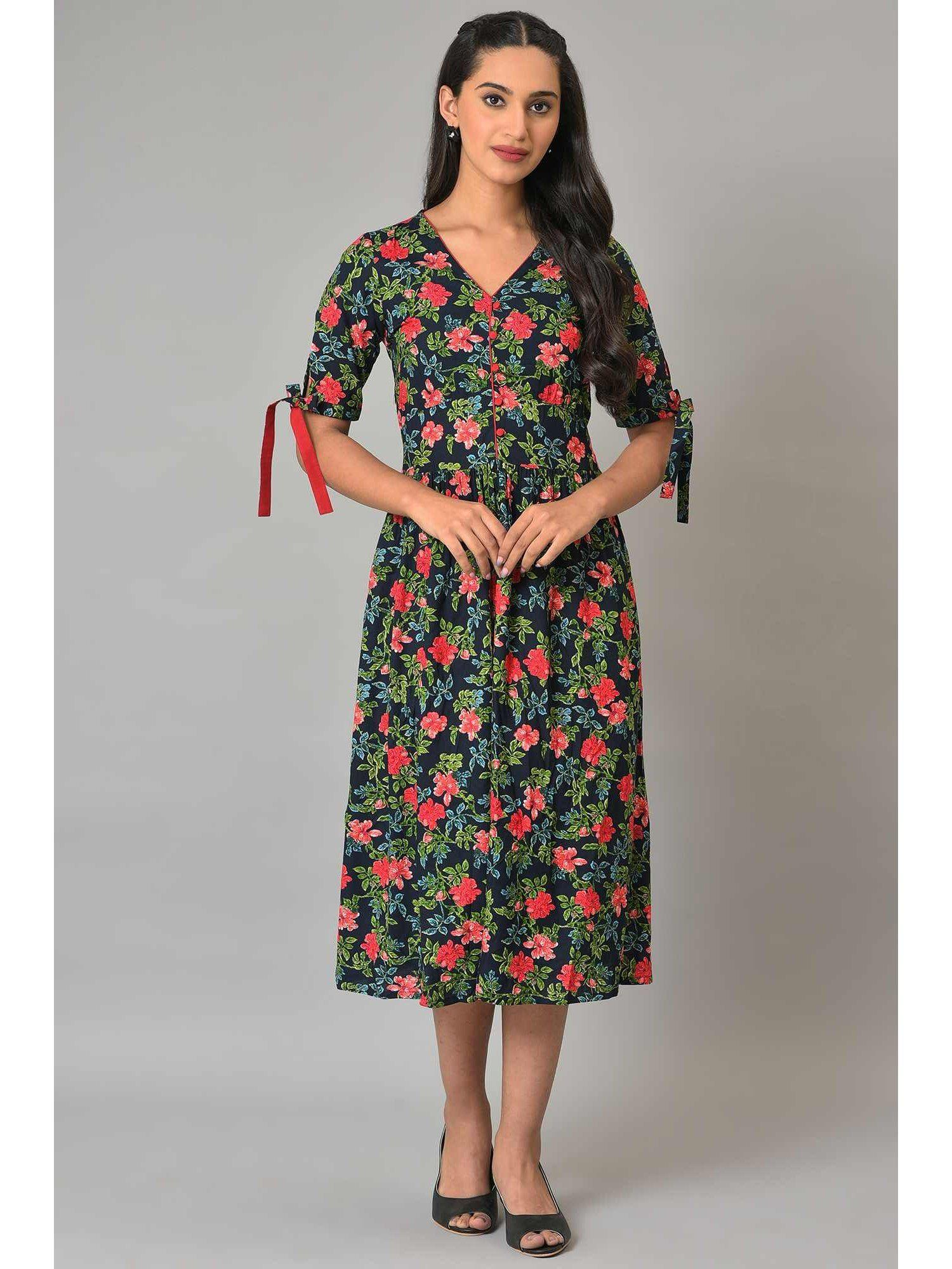 navy blue a-line floral printed summer dress