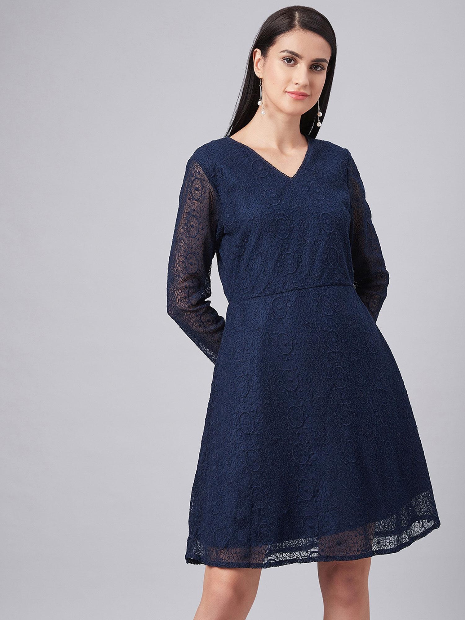 navy blue a-line self design knee length dress