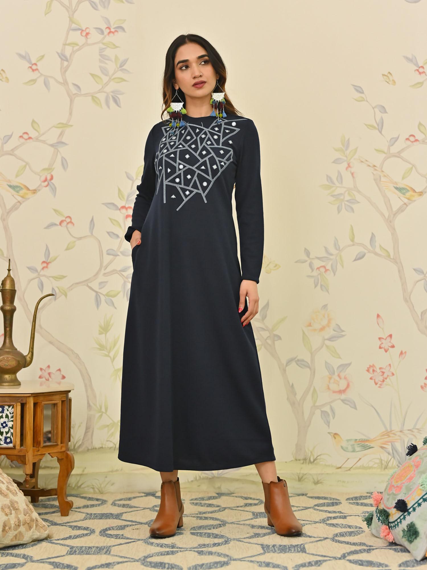 navy blue aari embroidered geometric a-line woollen dress