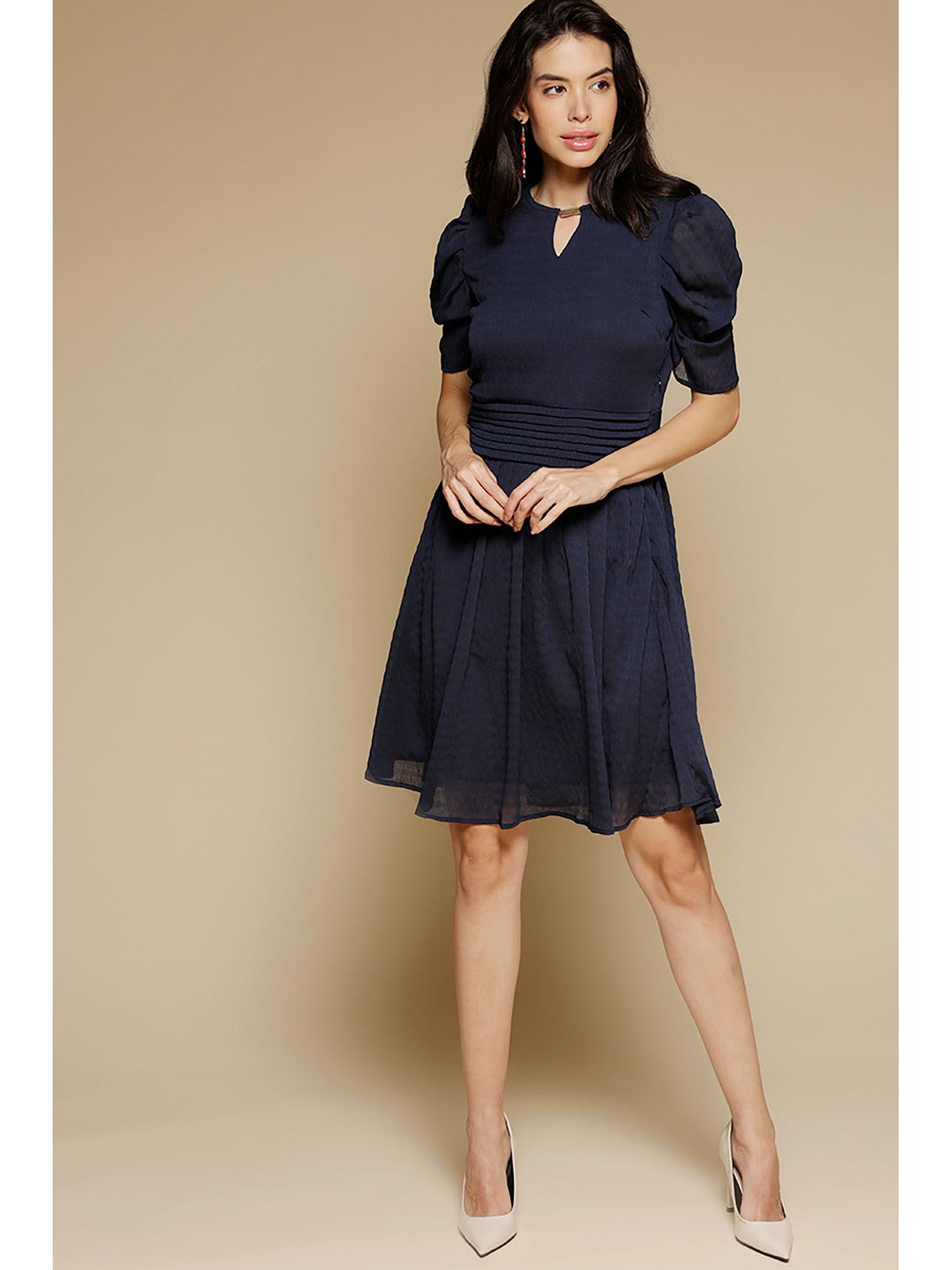 navy blue above knee length keyhole neck polyester chiffon dress