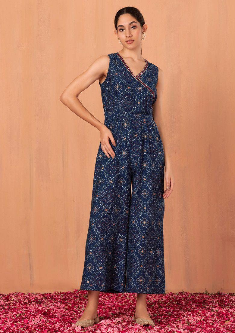 navy blue abstract print angrakha jumpsuit