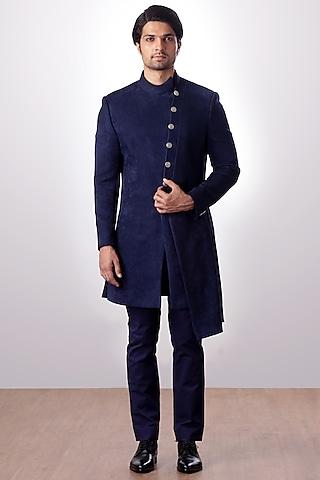 navy blue achkan jacket with trouser pants