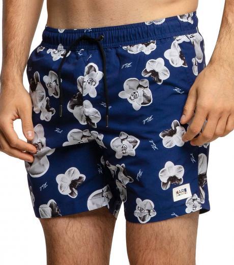 navy blue all over flower print swim shorts