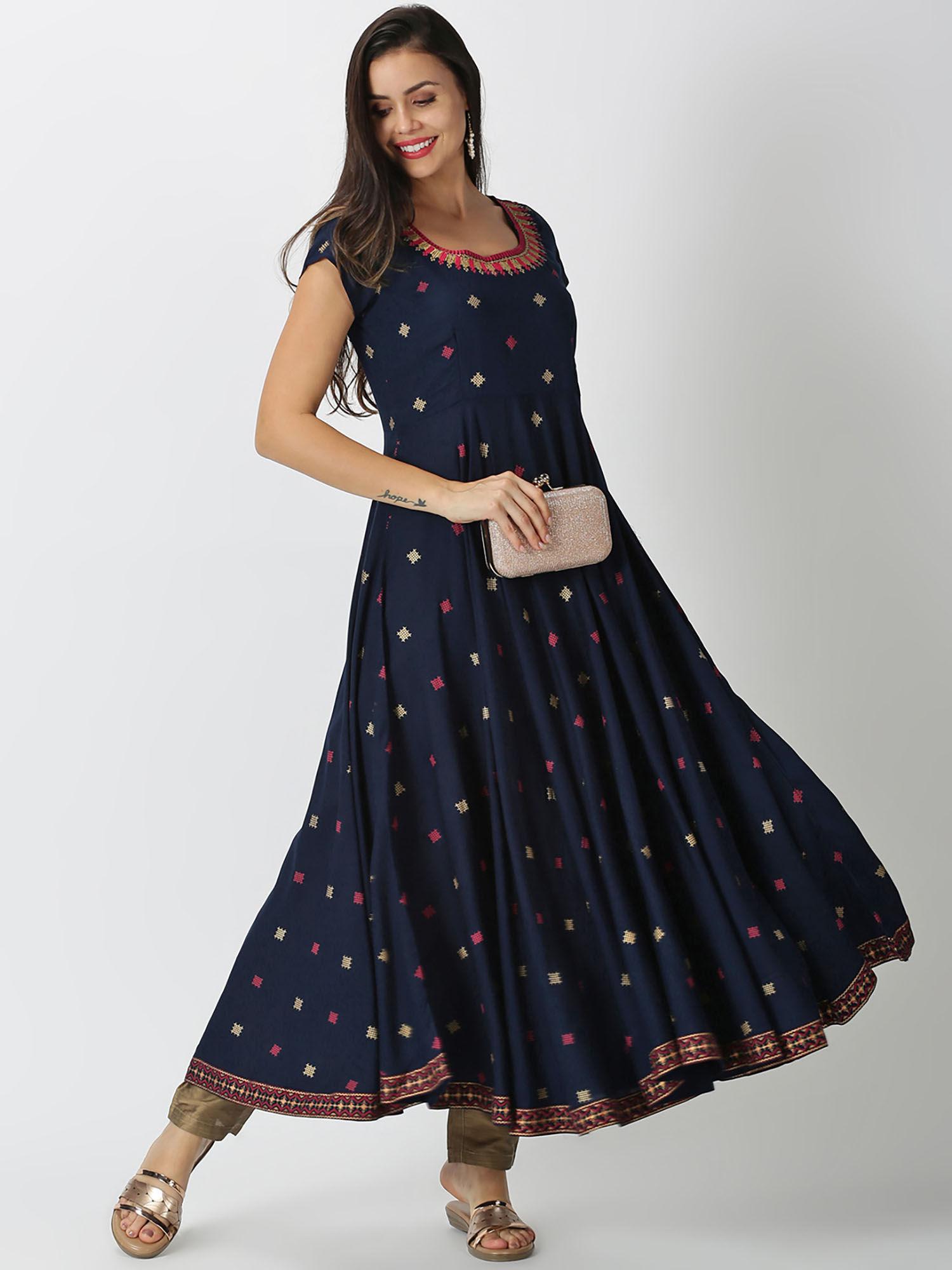 navy blue all over printed embroidered neck anarkali kurta