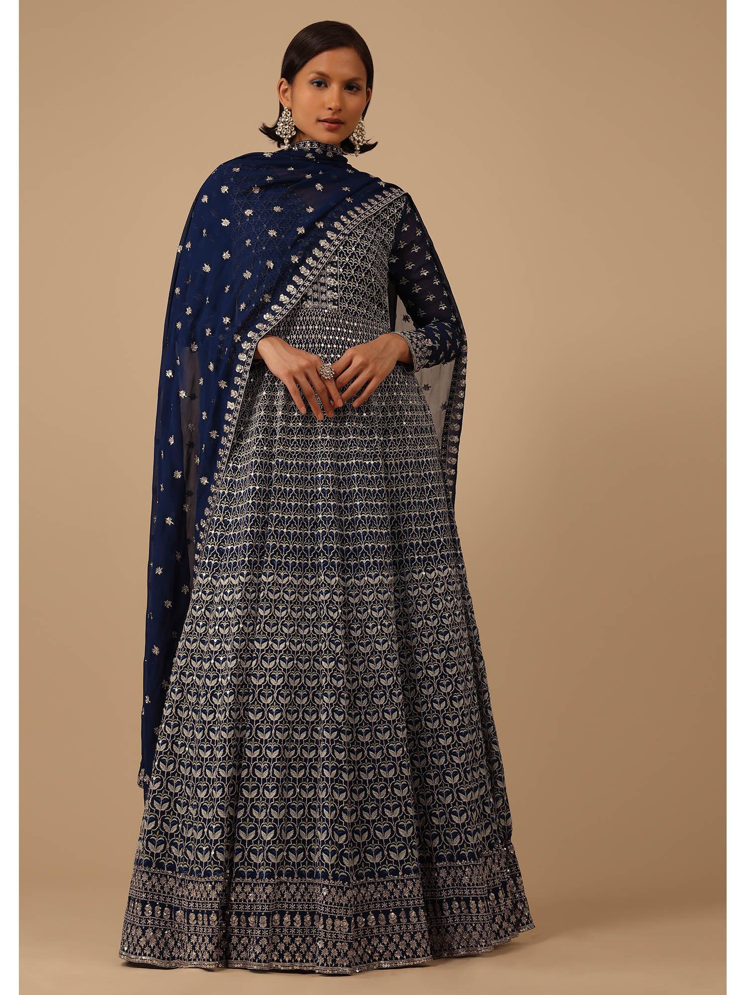 navy blue anarkali suit in georgette with thread work all over (set of 2)