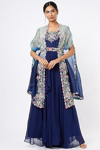 navy blue anarkali with embroidered cape