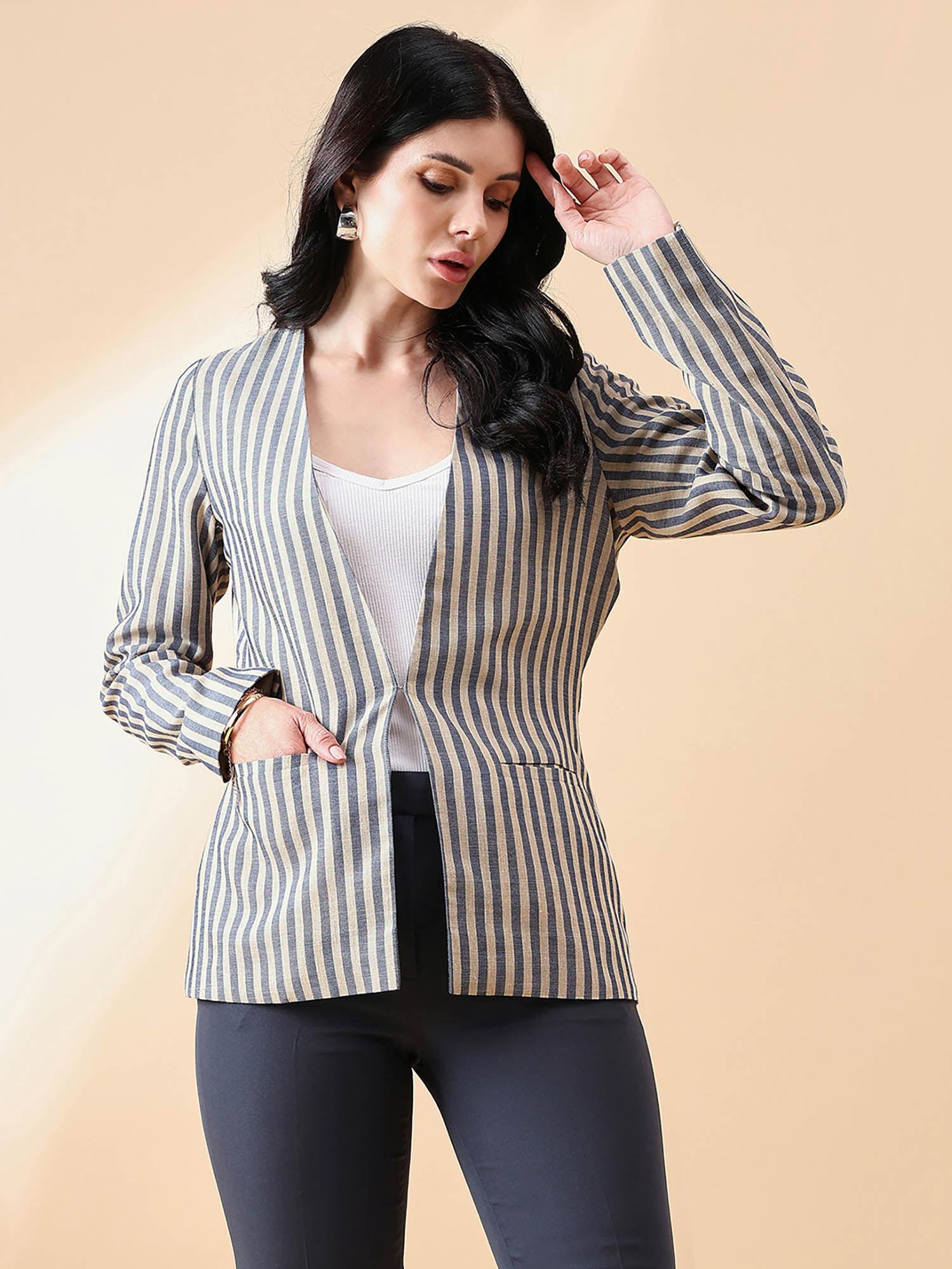 navy blue and beige stripe blazer