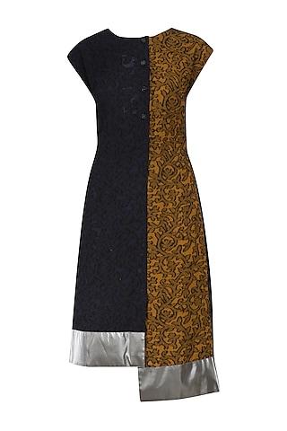 navy blue and mustard asymmetric jacquared panelled dress