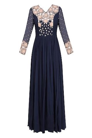 navy blue and nude embroidered anarkali set