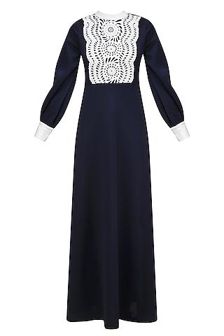 navy blue and off white applique work puffed sleeves dress