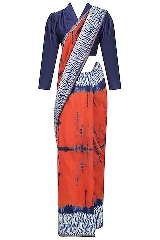 navy blue and orange tye and dye saree and blouse set