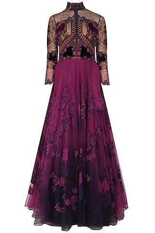 navy blue and purple applique work conciergerie gown
