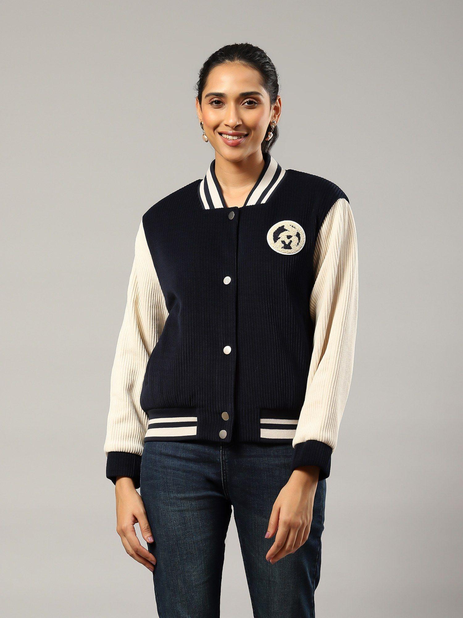 navy blue and white logo bomber jacket