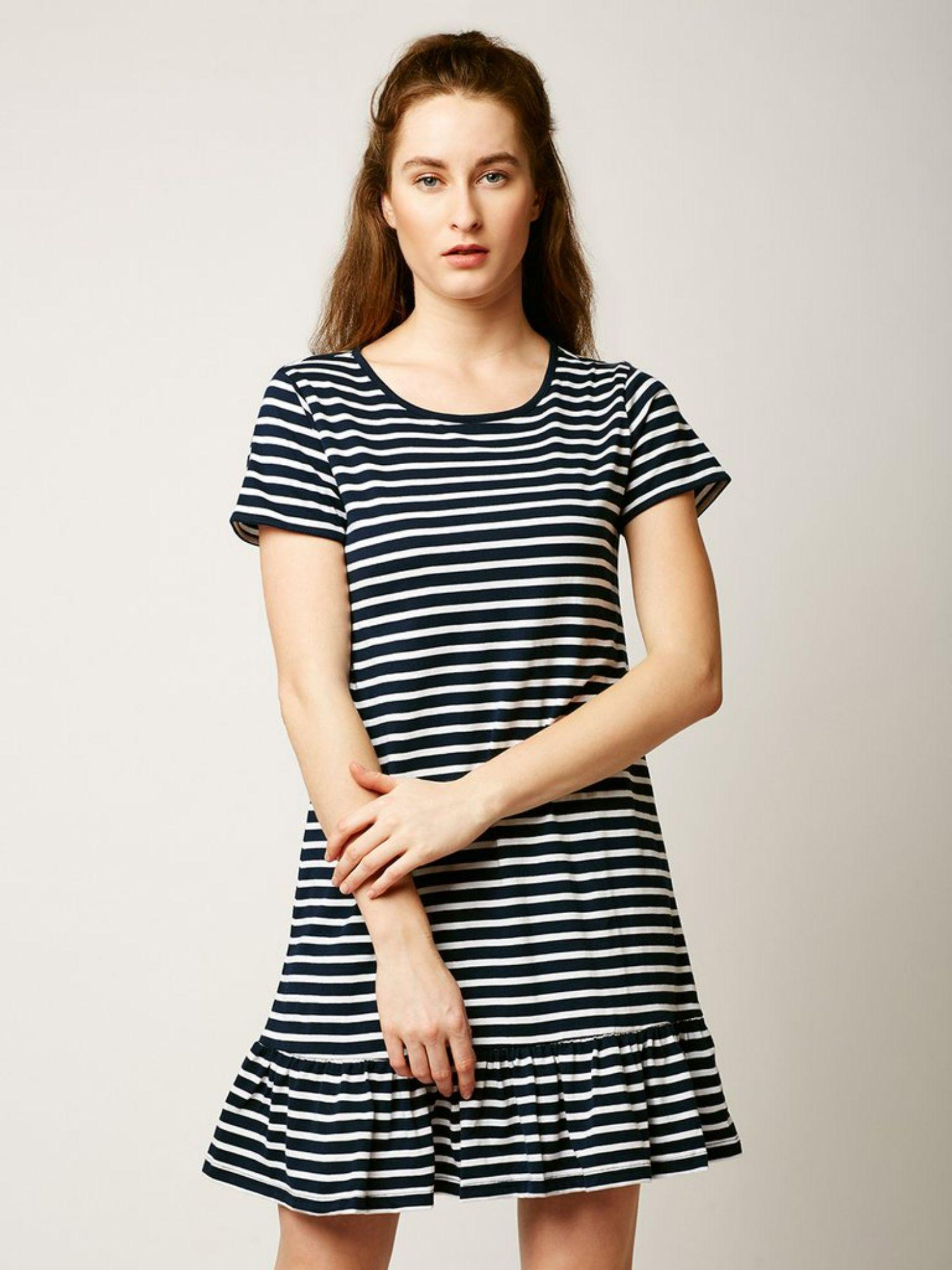 navy blue and white round neck short sleeve cotton striped mini a-line dress