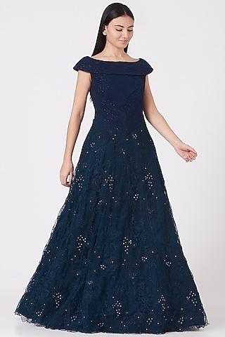 navy blue applique embroidered gown
