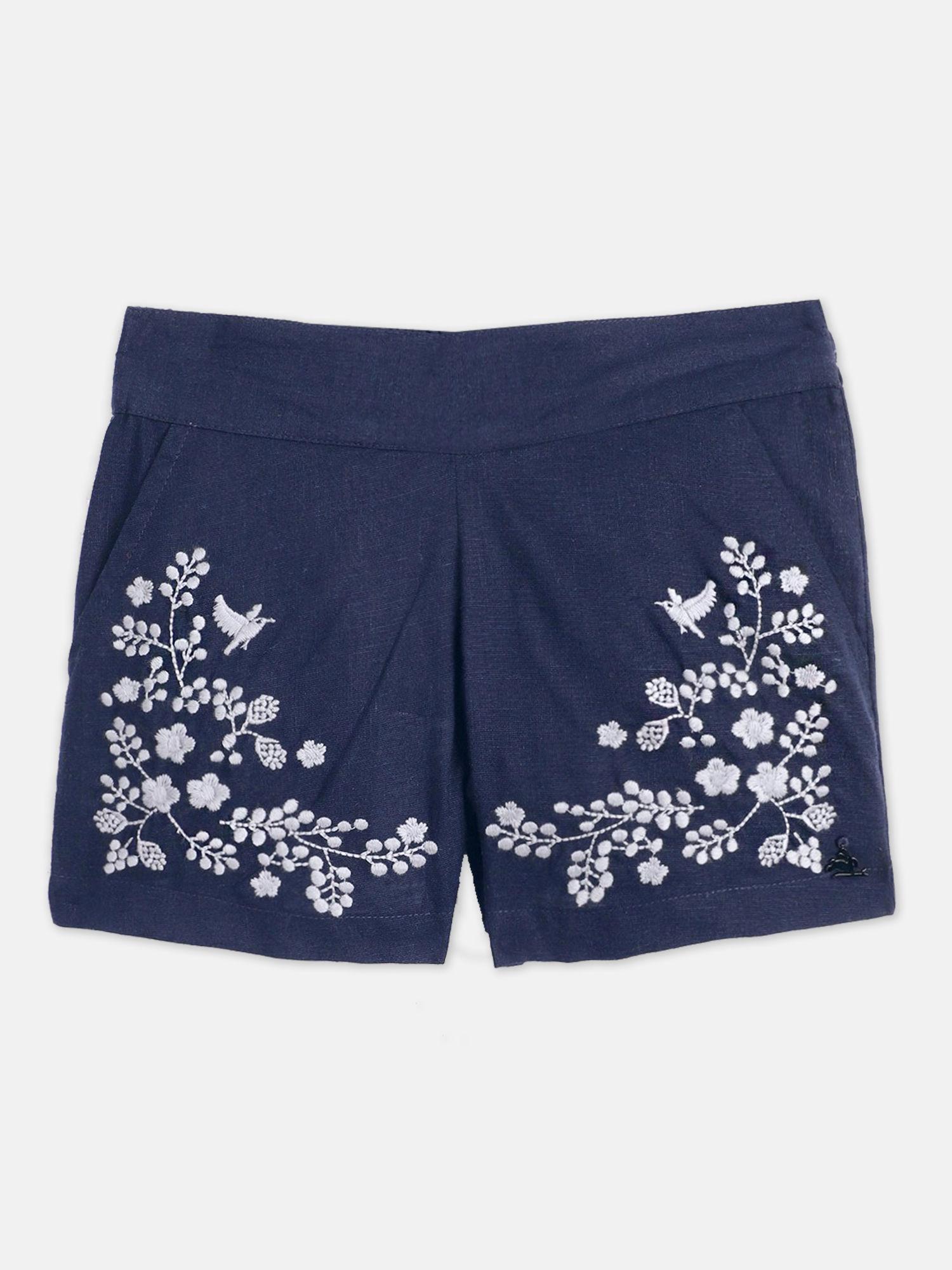 navy blue applique high-waist shorts