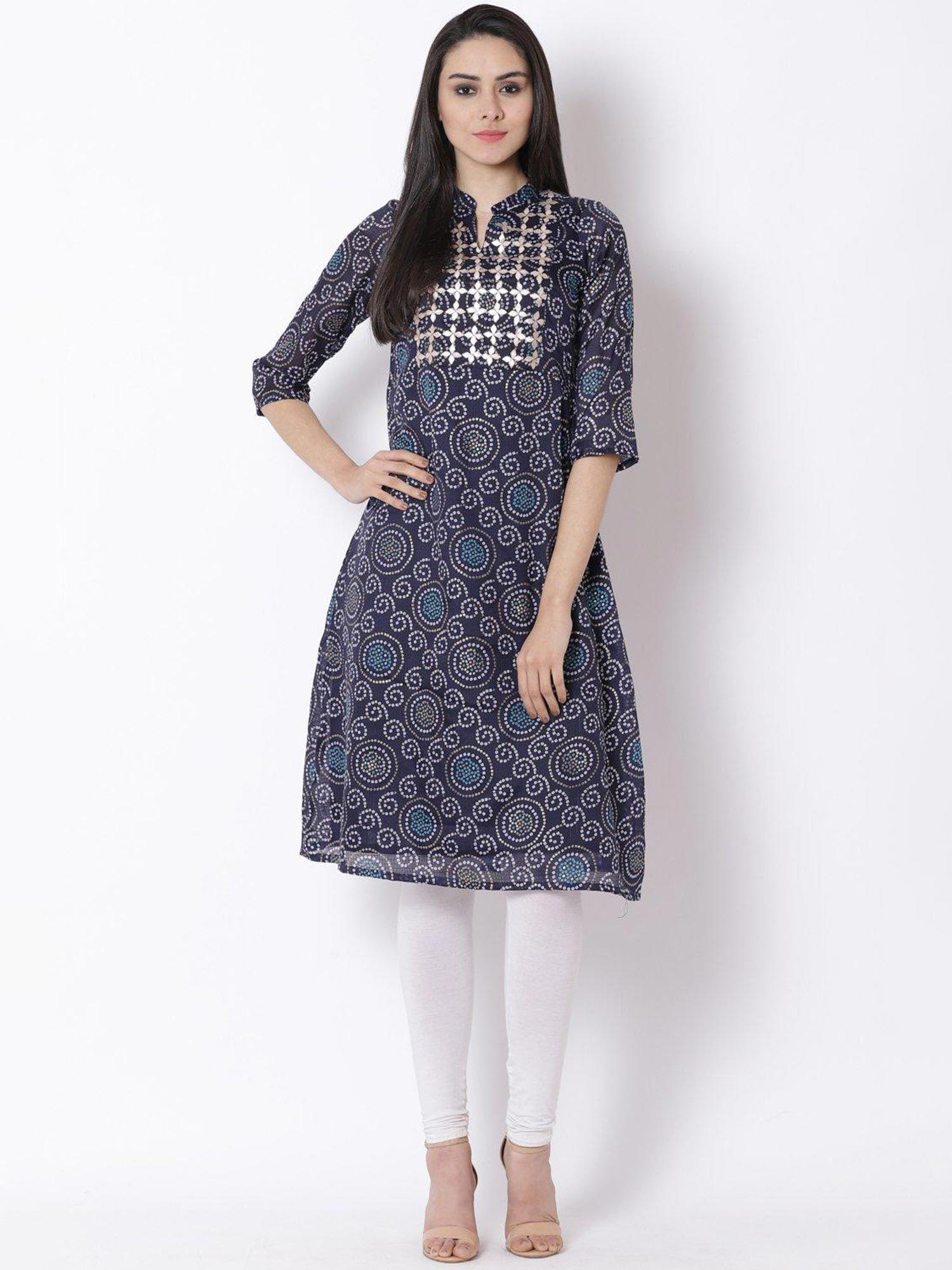 navy blue art silk a-line kurta