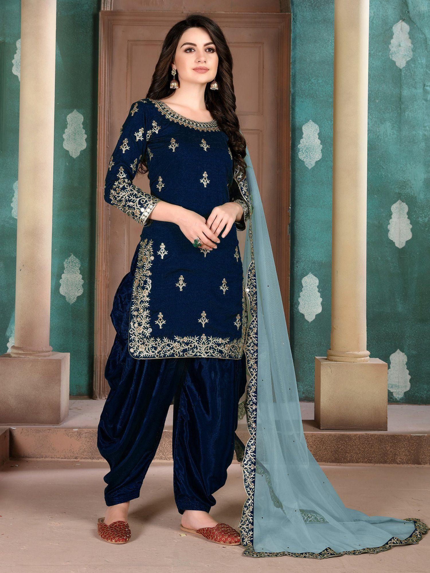 navy blue art silk embroidered semi stitched dress material with inner (set of 4)