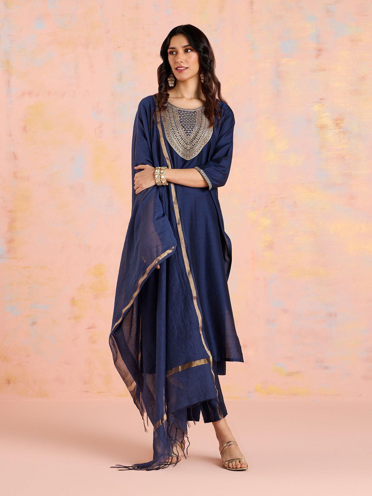 navy blue art silk embroidered yoke straight kurta with solid pant and dupatta likskd308