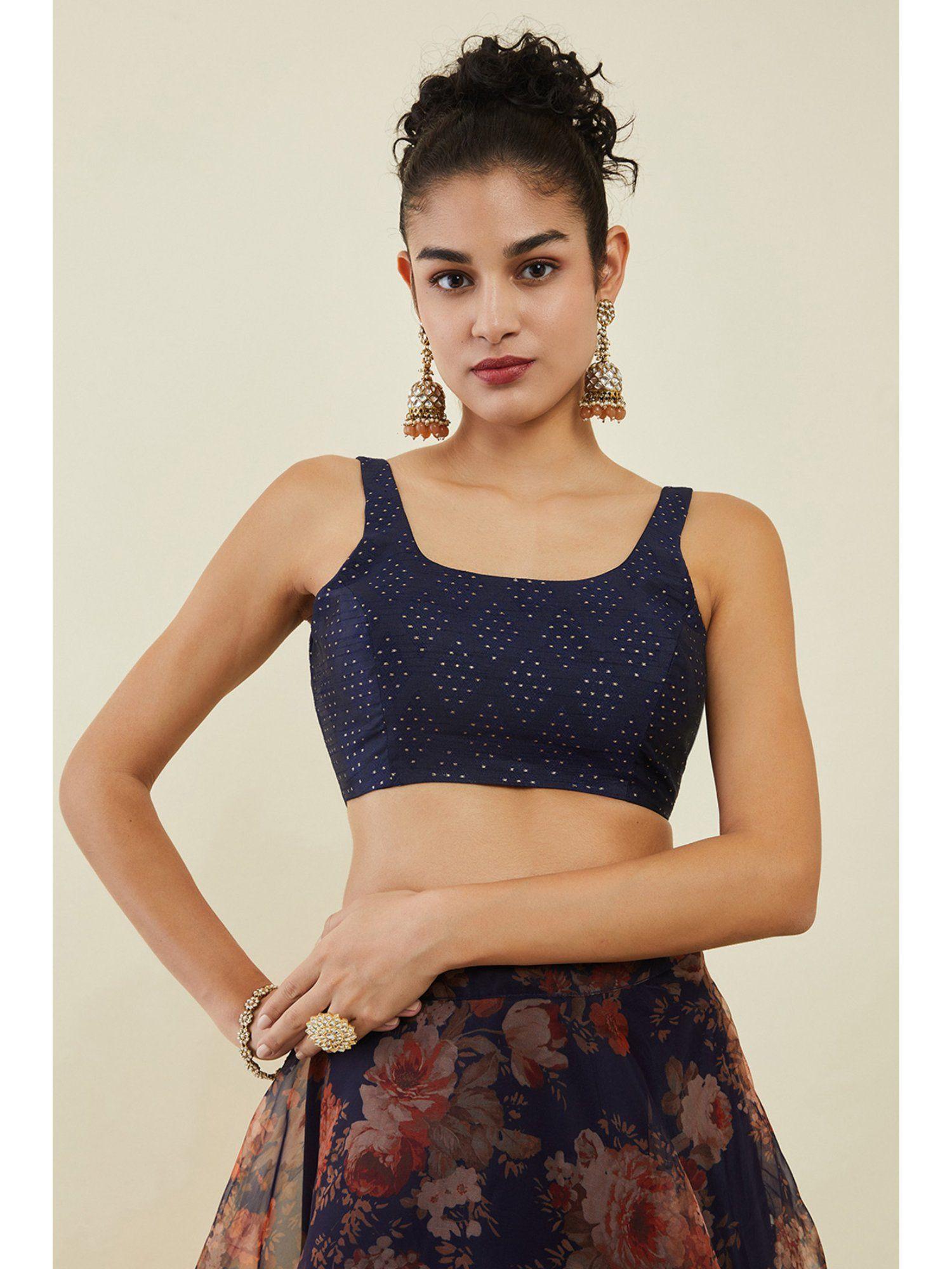 navy blue art silk sleeveless blouse with zari woven patterns