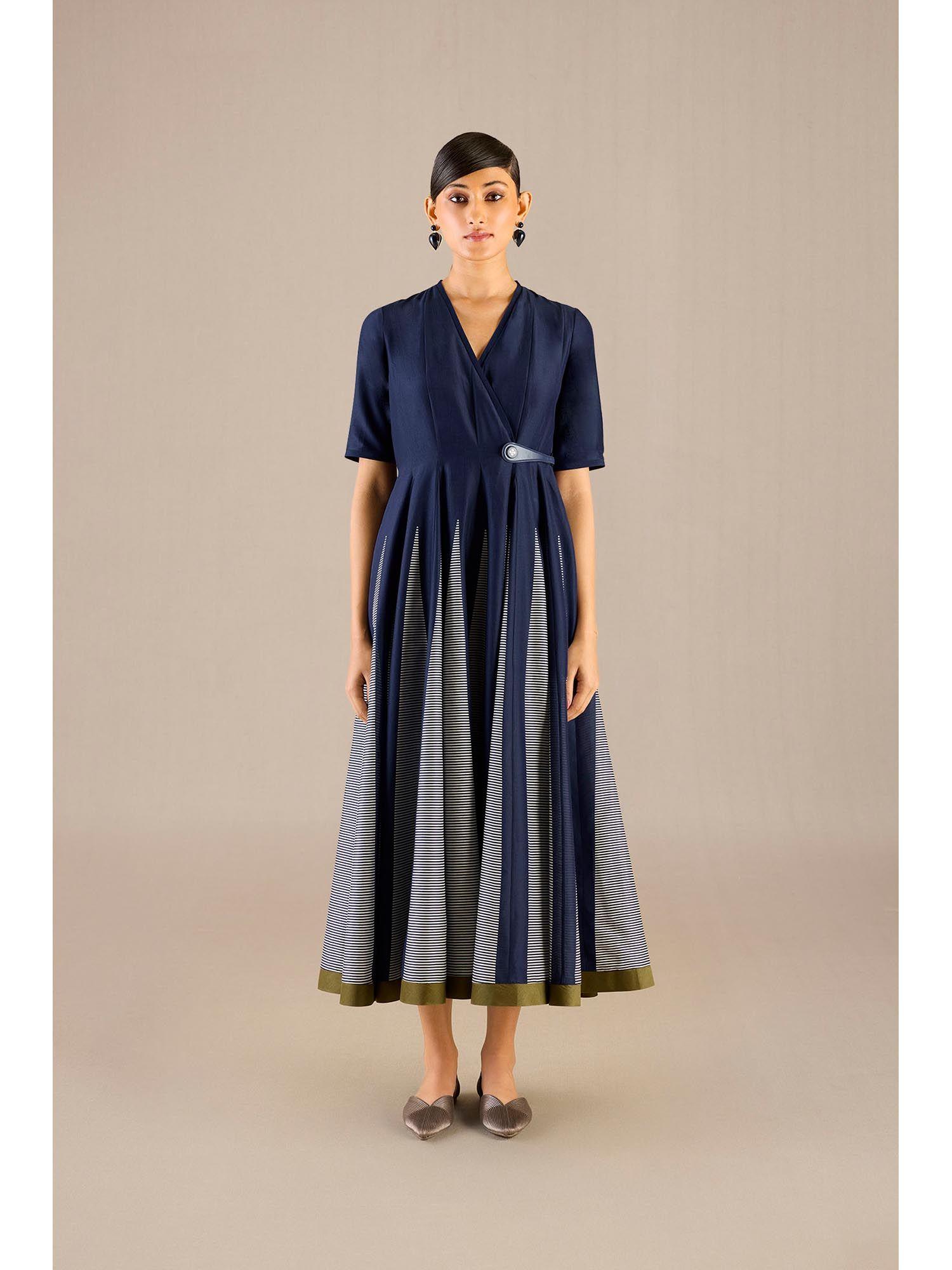 navy blue asma midi dress with belt (set of 2)