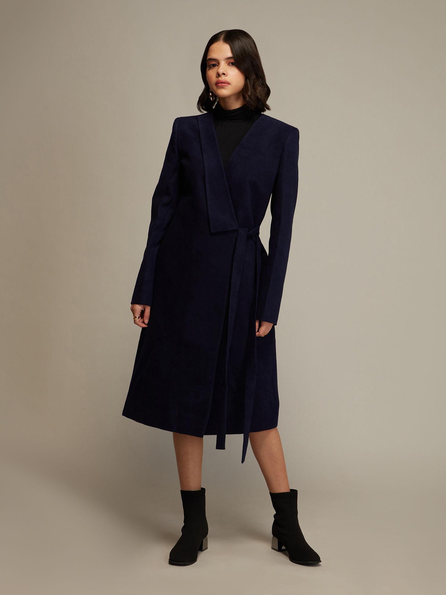 navy blue asymmetric v neck overcoat with belt