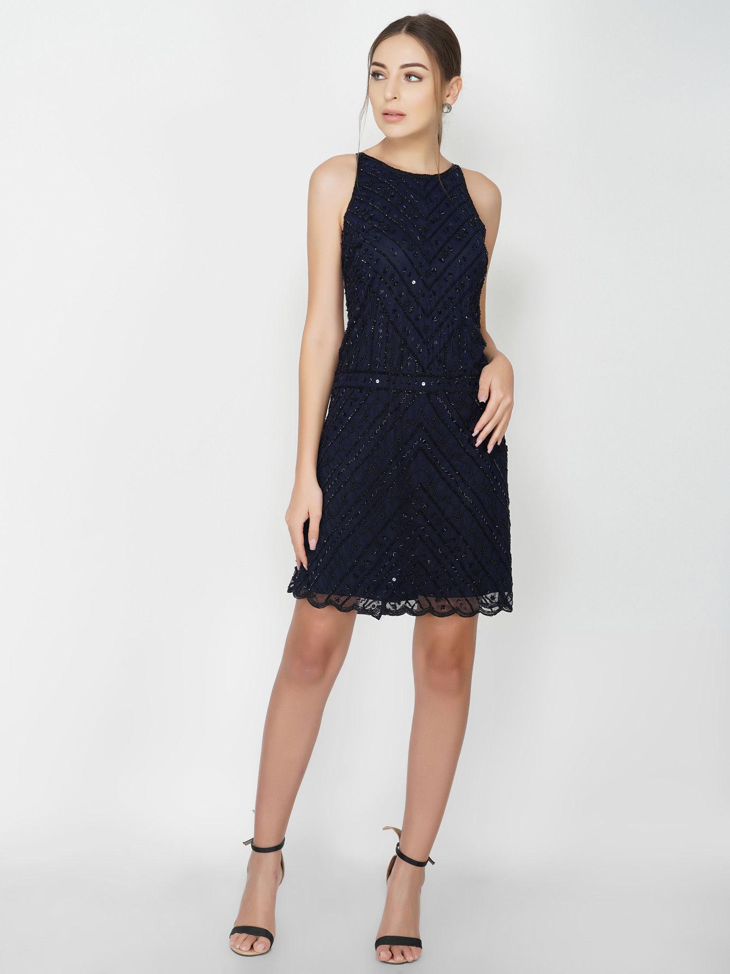 navy blue backless embroidered stretch dress