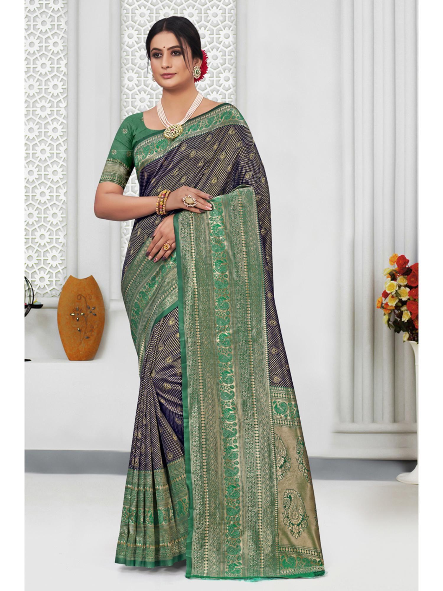 navy blue banarasi saree with unstitched blouse