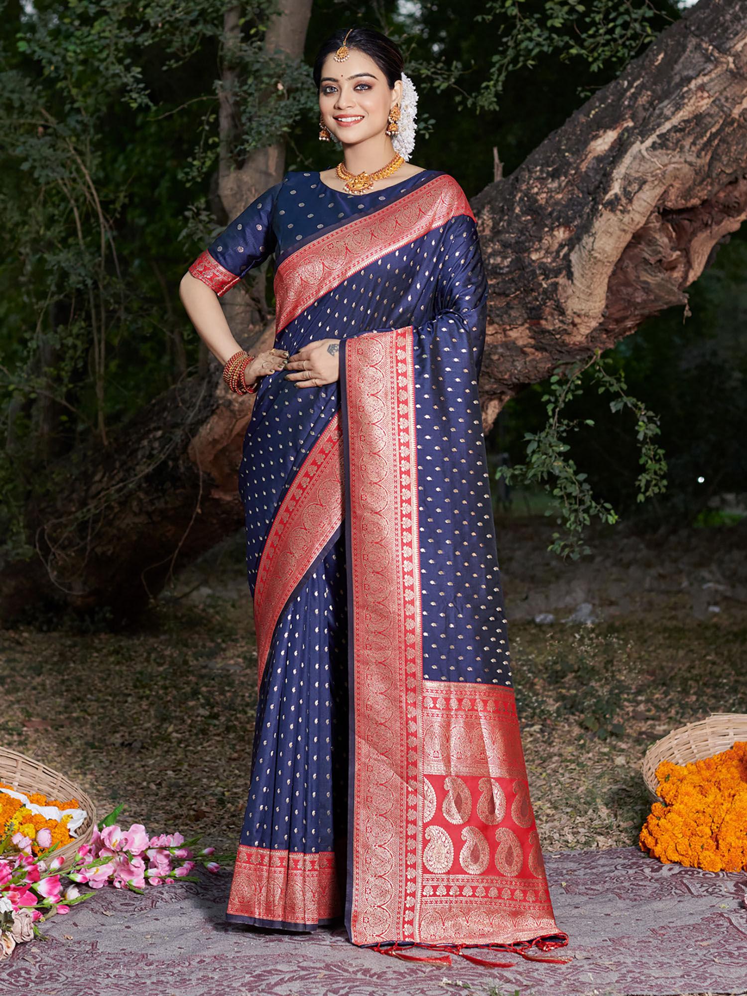 navy blue banarasi silk woven work traditional tassels saree with unstitched blouse