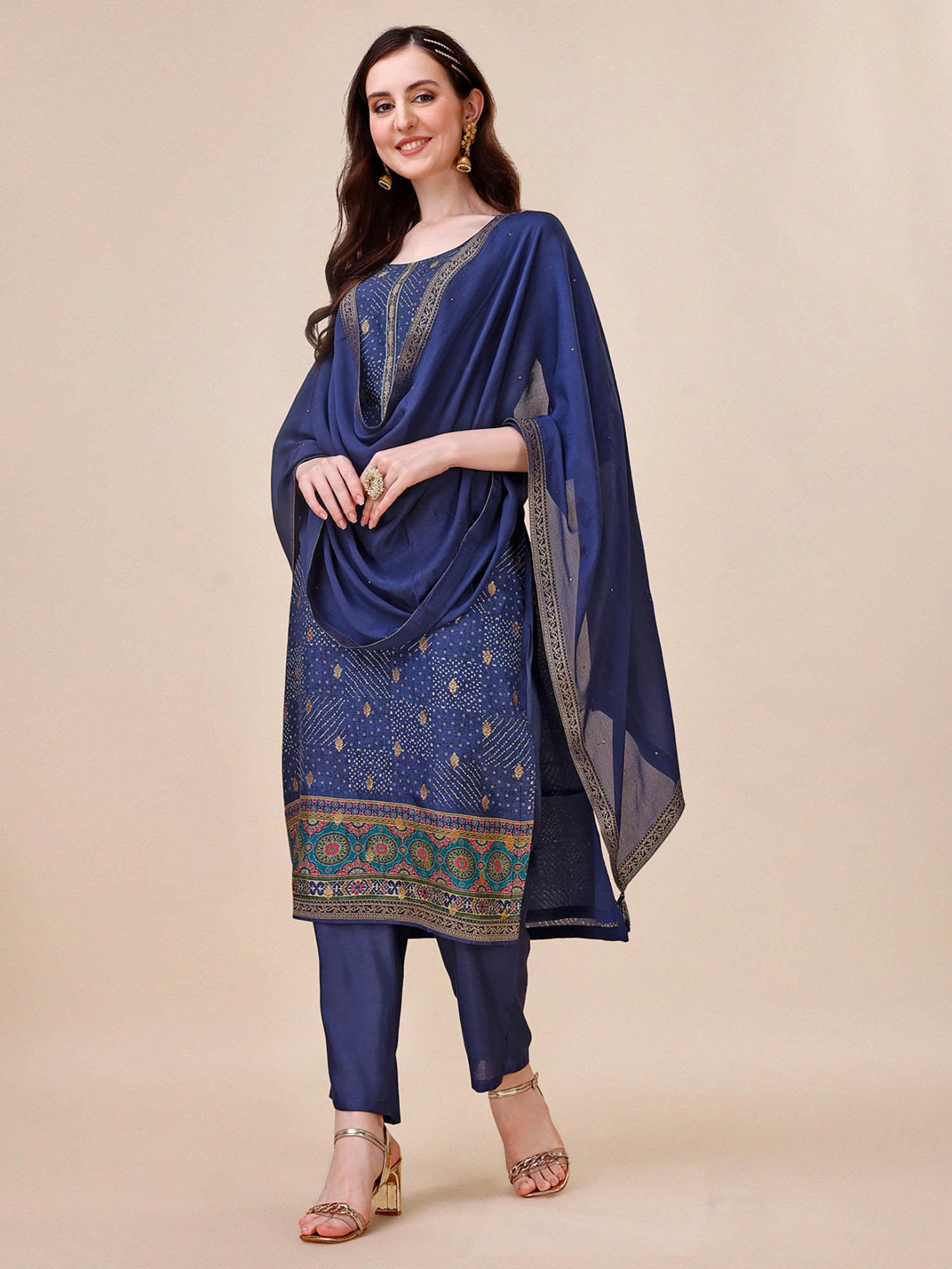 navy blue bandhani printed jacquard design kurta with trouser and dupatta (set of 3)