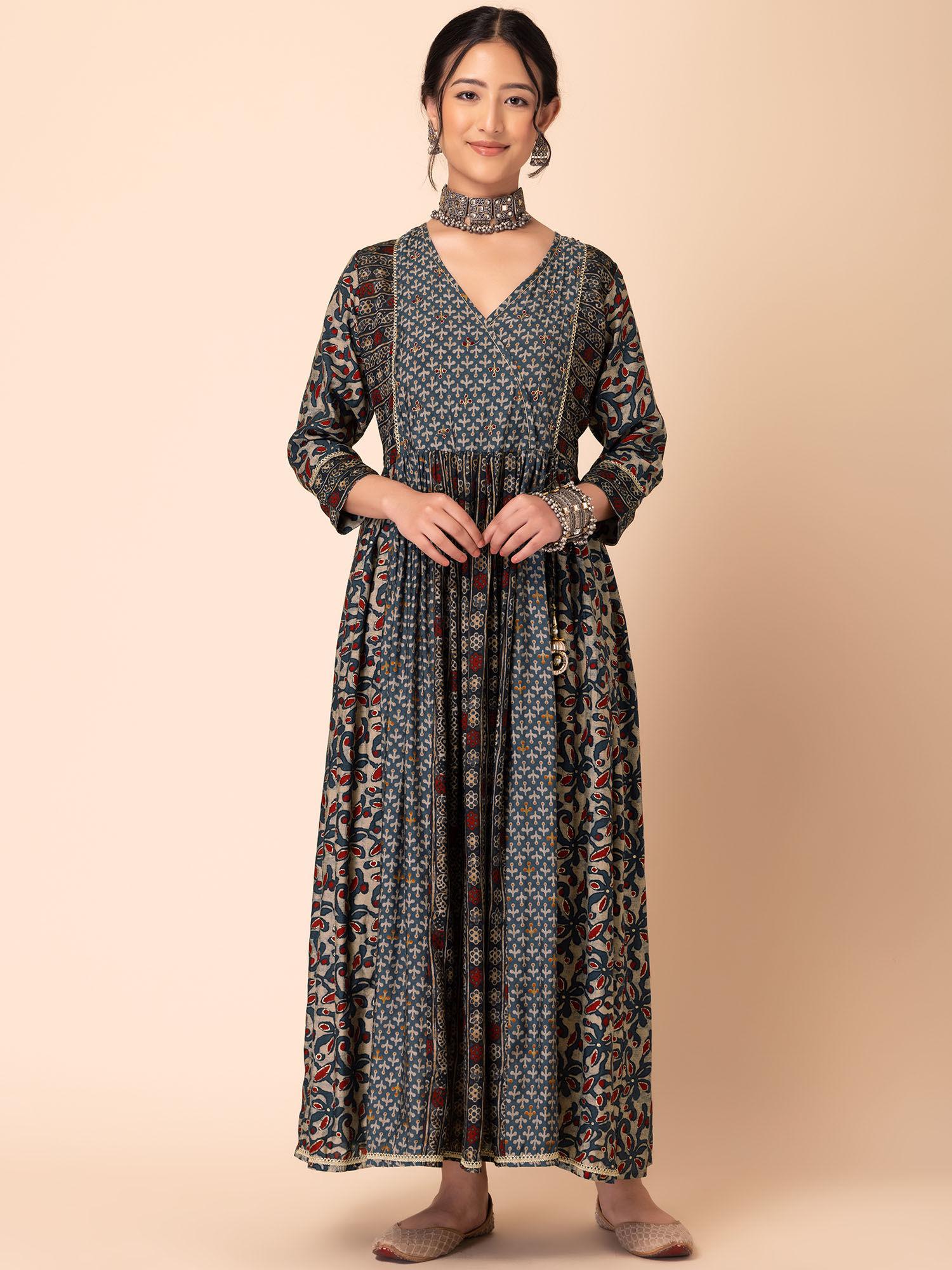 navy blue batik print maxi dress