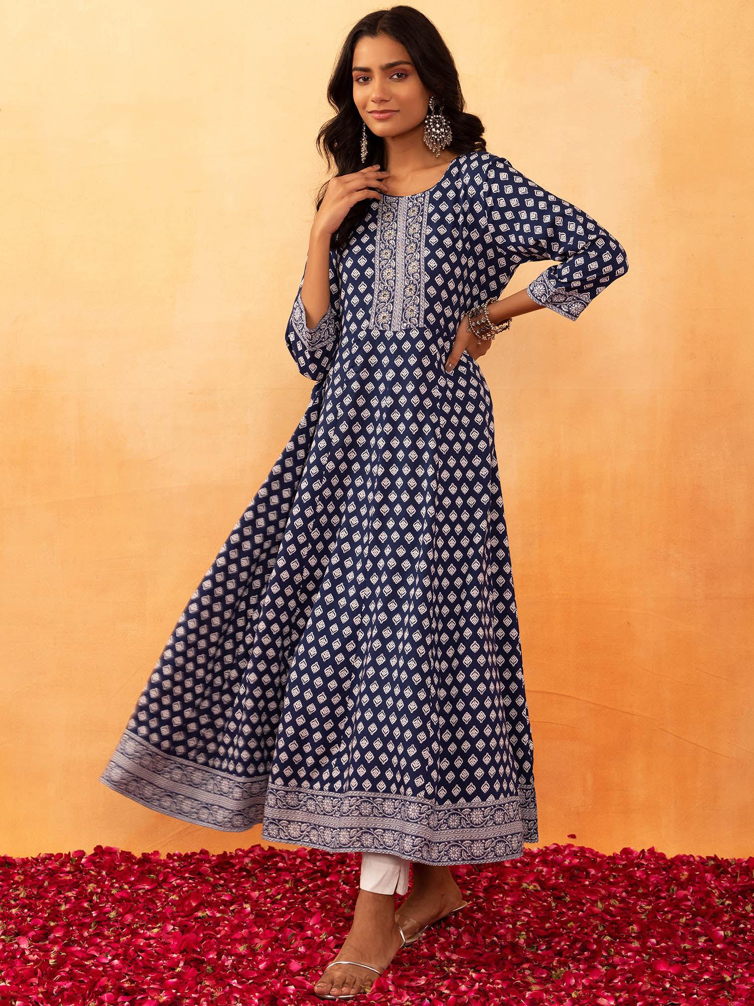 navy blue batik print rayon anarkali kurta