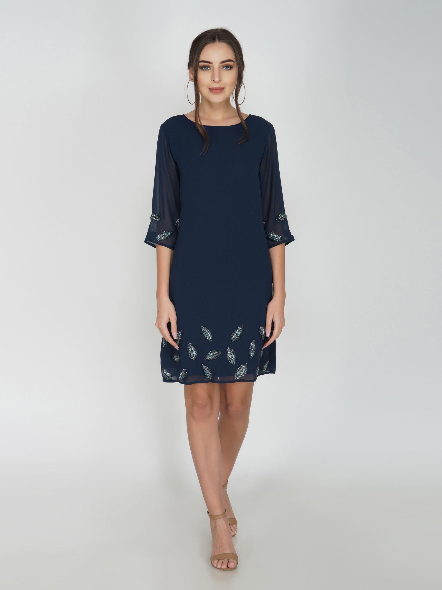 navy blue beaded leaf border dress