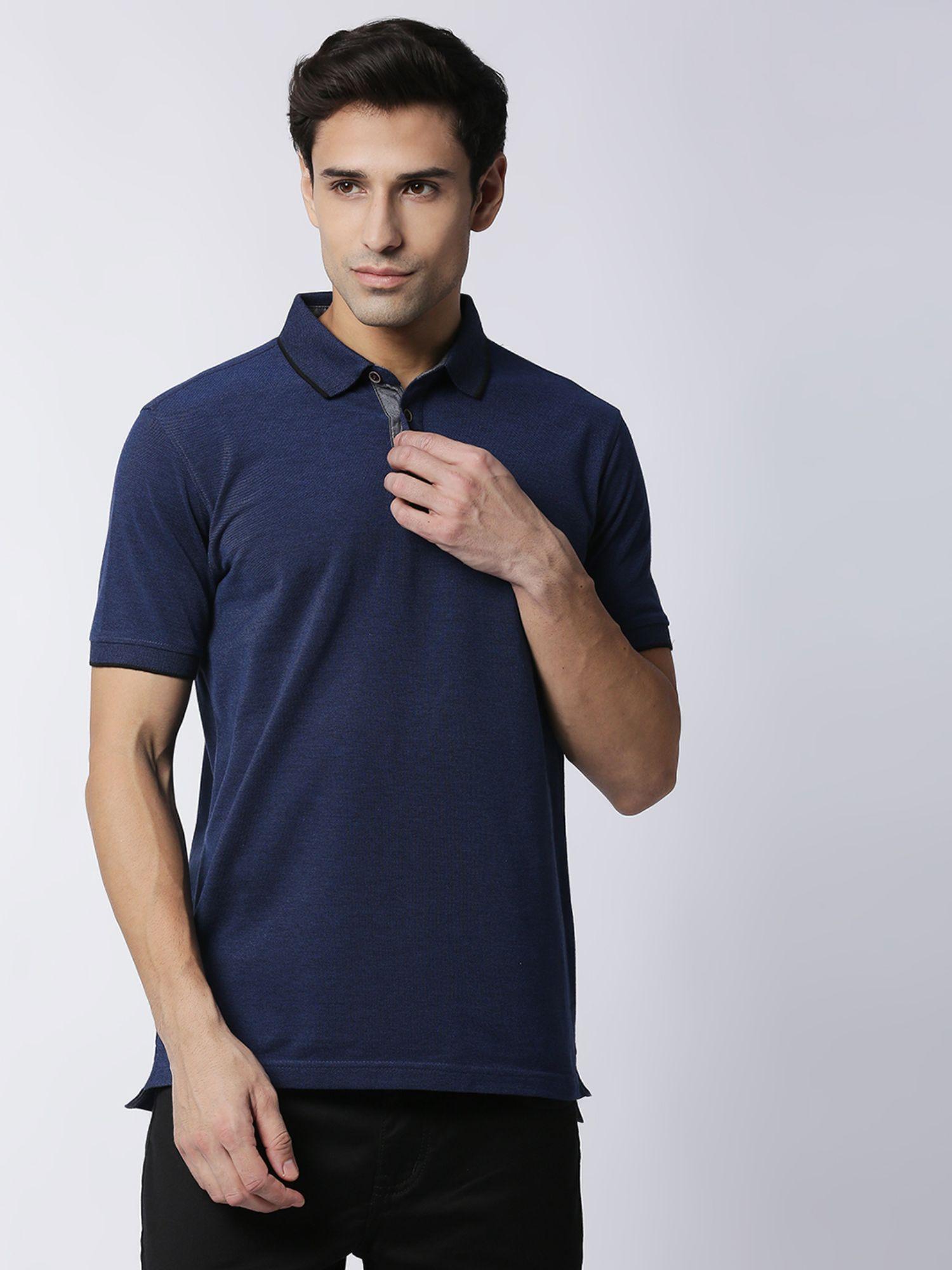 navy blue bird eye pique half sleeves polo t-shirt