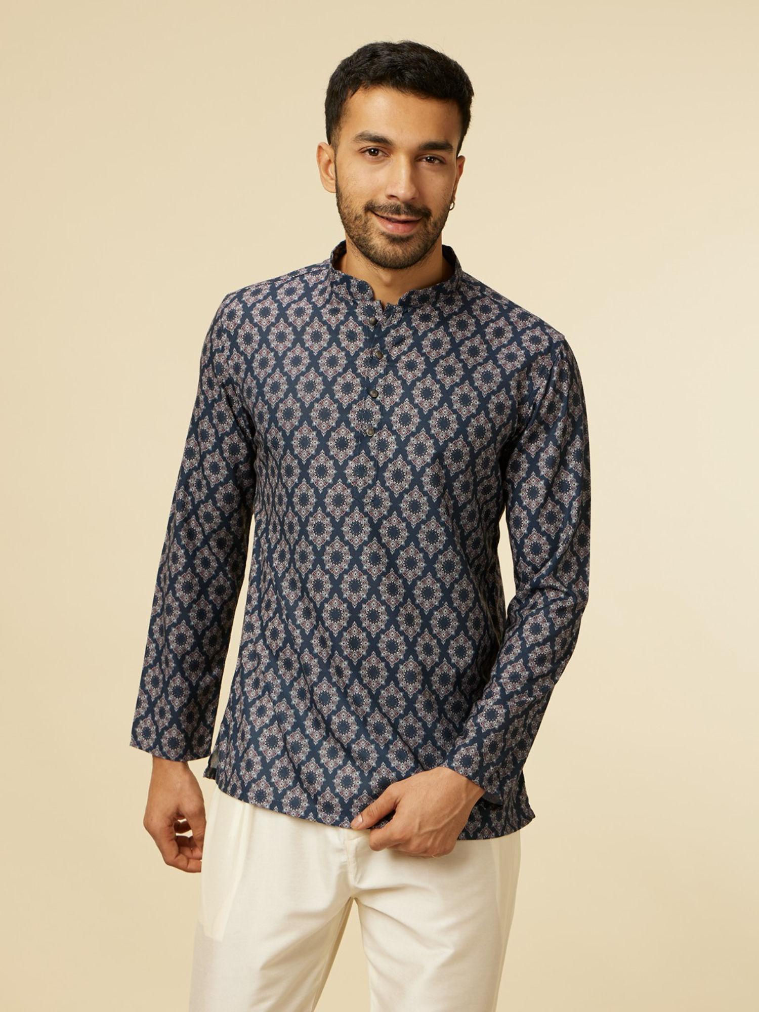 navy blue blended cotton digital print short kurta