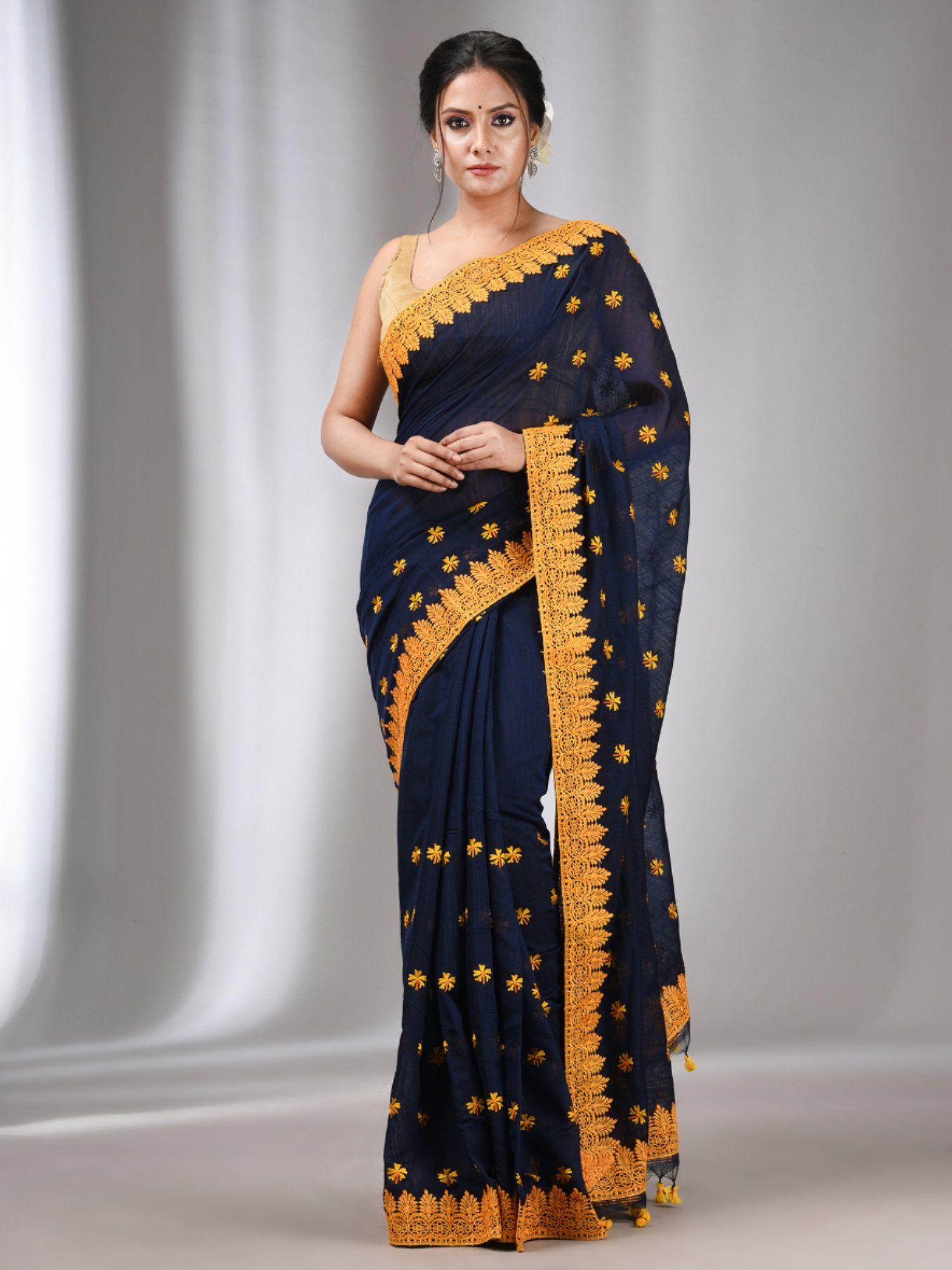 navy blue blended cotton handwoven saree with flower motifs with unstitched blouse