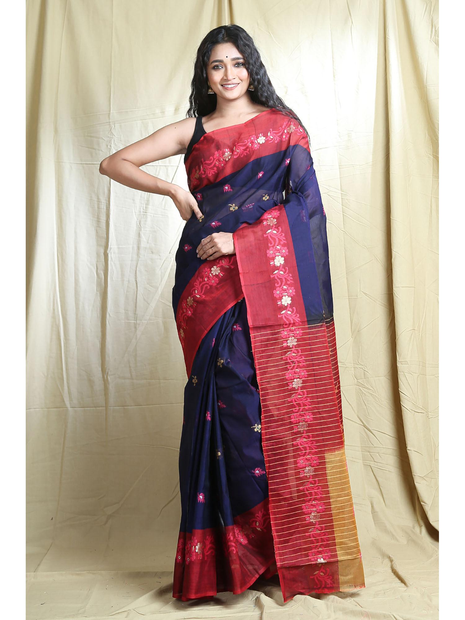navy blue blended cotton handwoven soft saree with allover flower butta with unstitched